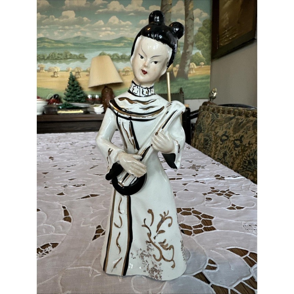 Vintage 1950's Mid Century Asian Oriental Ceramic Woman with Mandolin 8.5"